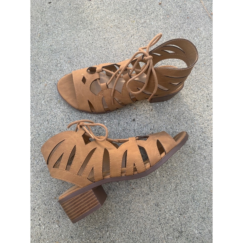 Cityclassified Tan Lace Up Low Block Heel